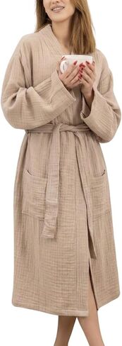 100% Cotton Muslin Kimono Robe for Women, Lightweight Gauze Bathrobe, Soft Breathable Spa Robe in Saudi Arabia