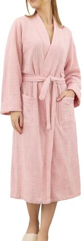 100% Cotton Muslin Kimono Robe for Women, Lightweight Gauze Bathrobe, Soft Breathable Spa Robe in Saudi Arabia