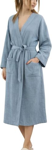 100% Cotton Muslin Kimono Robe for Women, Lightweight Gauze Bathrobe, Soft Breathable Spa Robe in Saudi Arabia