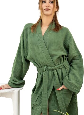 100% Cotton Muslin Kimono Robe for Women, Lightweight Gauze Bathrobe, Soft Breathable Spa Robe in Saudi Arabia