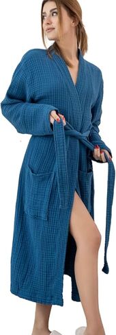 100% Cotton Muslin Kimono Robe for Women, Lightweight Gauze Bathrobe, Soft Breathable Spa Robe in Saudi Arabia