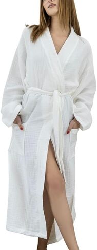 100% Cotton Muslin Kimono Robe for Women, Lightweight Gauze Bathrobe, Soft Breathable Spa Robe in Saudi Arabia