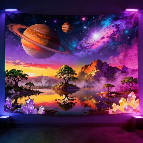 Duoduobuy 59x51 بوصة Blacklight نسيج ملصقات الضوء الأسود توهج في الظلام نسيج المجرة الفضاء المفروشات Trippy المناظر الطبيعية كوكب الأشجار السحرية بلورات ديكور الحائط مع Traceless مسمار هوك عدة in Kuwait