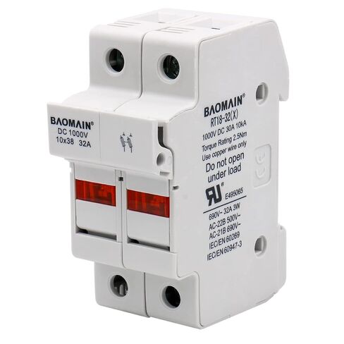Baomain Solar PV Fuse Holder,Cylindrical Fuse Holder, 10 x 38 mm, 32 Amp, 1000 VDC, 2 Pole, 18 to 8 AWG, 35mm DIN Rail Mount, UR & CE Listed (1PCS) in Saudi Arabia