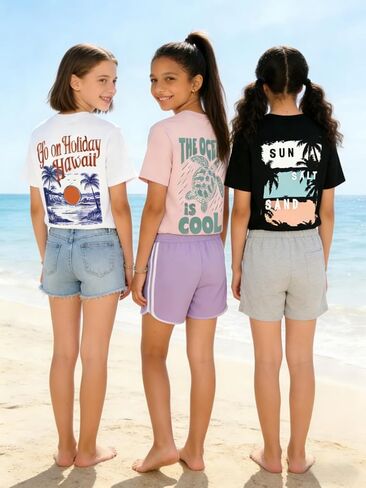 3-Pack Girls Short Sleeve Graphic Tees, Printed Crew Neck T-Shirts for Kids 8–14 in Saudi Arabia
