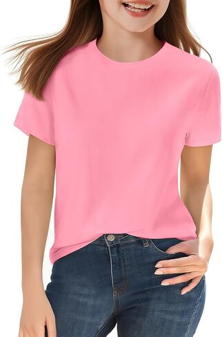 HOTIAN Girls T Shirts 100% Cotton Short Sleeve Tops Kids Summer Casual Crewneck Basic Tees 3-14 Years in Kuwait