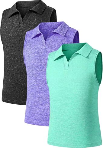 Star Vibe 3 عبوات من قمصان بولو للشباب والفتيات بدون أكمام ورقبة على شكل حرف V تي شيرت رياضي خفيف الوزن سريع الجفاف وقمصان تنس الجولف in Kuwait