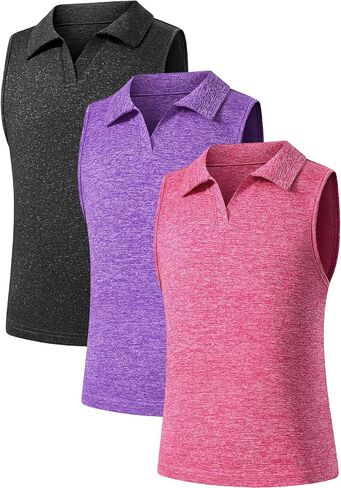 Star Vibe 3 Pack Youth Girls Sleeveless Polo Shirts V-Neck Lightweight Athletic T-Shirt Quick Dry Golf Tennis Tank Tops in Saudi Arabia