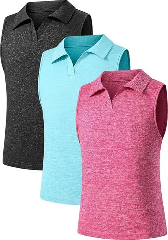 Star Vibe 3 Pack Youth Girls Sleeveless Polo Shirts V-Neck Lightweight Athletic T-Shirt Quick Dry Golf Tennis Tank Tops in Saudi Arabia