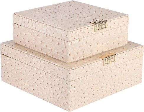صناديق زخرفية مربعة من HofferRuffer، مجموعة مكونة من 2 صندوق تذكار لذاكرة التخزين مع أغطية، صندوق منظم مجوهرات أنيق من جلد البولي يوريثان لديكور المنزل والتخزين (أزرق كروكو) in Kuwait