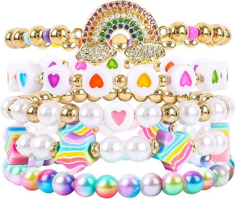 Bohemian Colorful Beaded Bracelets for Women Boho Stackable Natural Stone Letter Clay Glass Beads Stretch Bracelet Set with Charm, Cute Rainbow Friendship Bracelets for Summer Vacation in Saudi Arabia