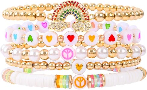 Bohemian Colorful Beaded Bracelets for Women Boho Stackable Natural Stone Letter Clay Glass Beads Stretch Bracelet Set with Charm, Cute Rainbow Friendship Bracelets for Summer Vacation in Saudi Arabia