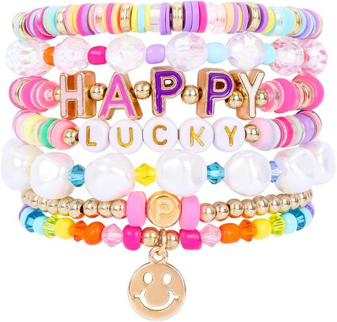 Bohemian Colorful Beaded Bracelets for Women Boho Stackable Natural Stone Letter Clay Glass Beads Stretch Bracelet Set with Charm, Cute Rainbow Friendship Bracelets for Summer Vacation in Saudi Arabia