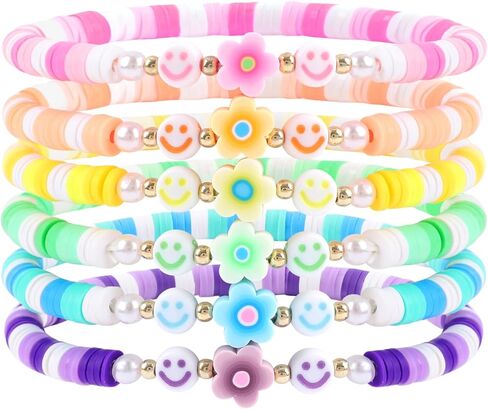 Bohemian Colorful Beaded Bracelets for Women Boho Stackable Natural Stone Letter Clay Glass Beads Stretch Bracelet Set with Charm, Cute Rainbow Friendship Bracelets for Summer Vacation in Saudi Arabia