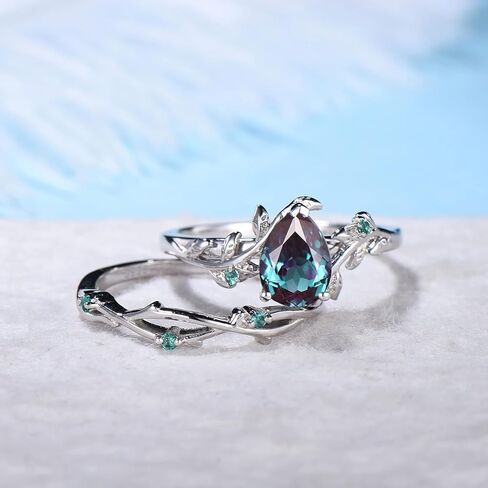 SHAMA JEWELS HUB الكمثرى الكسندريت خاتم الخطوبة مجموعات خمر مجموعة فريدة من نوعها 925 الفضة الاسترليني خاتم الخطوبة Roung الأخضر الماس الزفاف الزفاف آرت ديكو خاتم الذكرى in Saudi Arabia