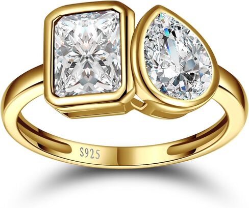 6x8mm 3.5CT Toi Et Moi Ring 925 الفضة الاسترليني 14K خاتم الخطوبة مطلي بالذهب للنساء خاتم حجر مزدوج الزمرد والكمثرى قطع مكعب زركونيا خاتم الزفاف عرض الفرقة 1.9 ملم - الحجم 5-9 in Kuwait