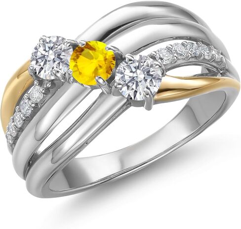 Gem Stone King 1.05 Cttw Lab Grown Diamond Yellow Sapphire and Lab Grown Diamond Engagement Ring for Women | 925 Silver and 10K Yellow Gold | Gemstone April Birthstone | Round 4MM in Saudi Arabia