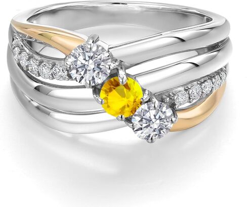 Gem Stone King 1.05 Cttw Lab Grown Diamond Yellow Sapphire and Lab Grown Diamond Engagement Ring for Women | 925 Silver and 10K Yellow Gold | Gemstone April Birthstone | Round 4MM in Saudi Arabia