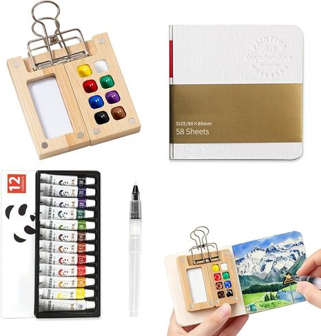 مجموعة ألوان مائية صغيرة للجيب مجموعة ألوان مائية للفنانين مع لوحة طلاء صغيرة وفرش و12 لونًا وكتاب رسم ألوان مائية للطلاب الرسامين الفنانين (الخيزران) in Kuwait