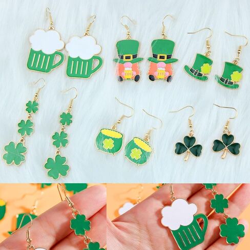 6 Pairs St. Patrick's Day Earrings Cute Funny Alloy Irish Shamrock Dangle Earrings, Good Luck Green Clover Drop Earrings for Women Girls Irish Festival Gift Accessories in Saudi Arabia