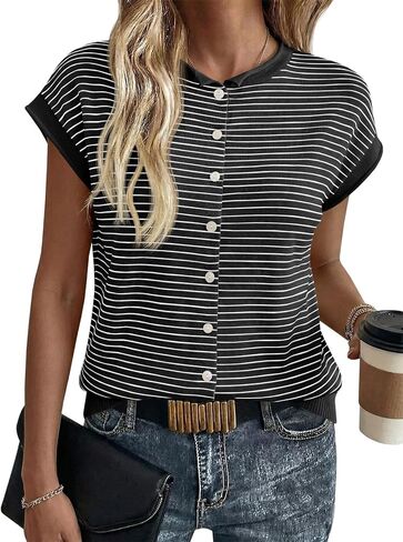 Saodimallsu Womens Striped Cap Sleeve Sweater Vest Button Crew Neck Roll Trim Tops Loose Casual Knit Cardigan in Saudi Arabia