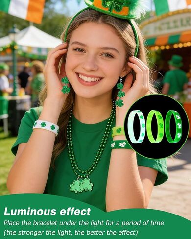 St Patrick's Day Shamrock Accessories for Women St Patricks Day Earrings Necklaces Luminous Bracelets Set Shamrock Saint Patricks Parade Throw Party Favors Irish Decorations Jewelry Gifts in Kuwait