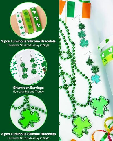 St Patrick's Day Shamrock Accessories for Women St Patricks Day Earrings Necklaces Luminous Bracelets Set Shamrock Saint Patricks Parade Throw Party Favors Irish Decorations Jewelry Gifts in Kuwait