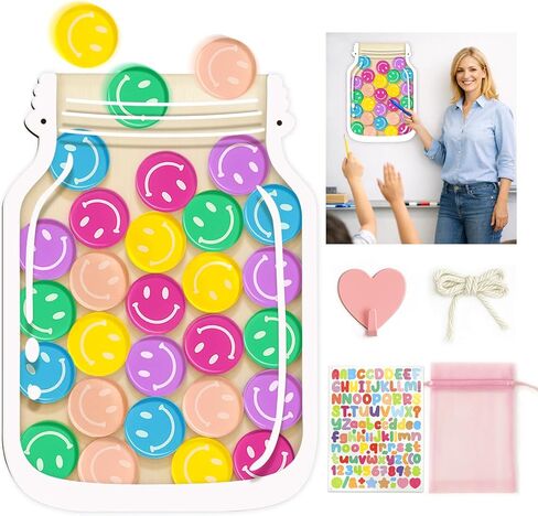 وعاء مكافآت الفصل الدراسي المغناطيسي، وعاء مكافآت كبير مقاس 27.94 سم مع 30 رمزًا مبتسمًا، نظام مكافآت التعزيز الإيجابي للمعلمين والأطفال in Kuwait