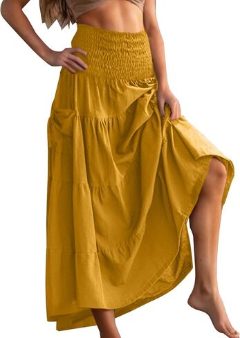 Boho Skirts for Women 2026 Trendy Elastic Waist Ruffle Tiered Long Skirt Pleated A Line Beach Vacation Outfits in Kuwait