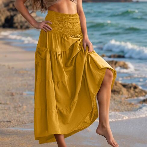 Boho Skirts for Women 2026 Trendy Elastic Waist Ruffle Tiered Long Skirt Pleated A Line Beach Vacation Outfits in Kuwait