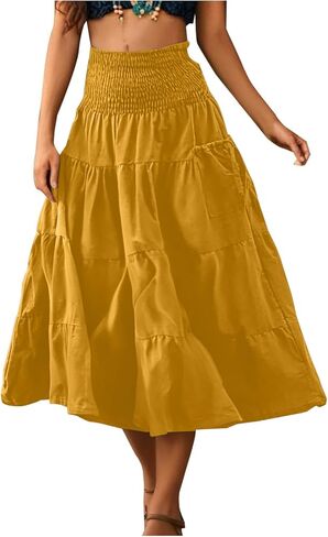 Boho Skirts for Women 2026 Trendy Elastic Waist Ruffle Tiered Long Skirt Pleated A Line Beach Vacation Outfits in Kuwait