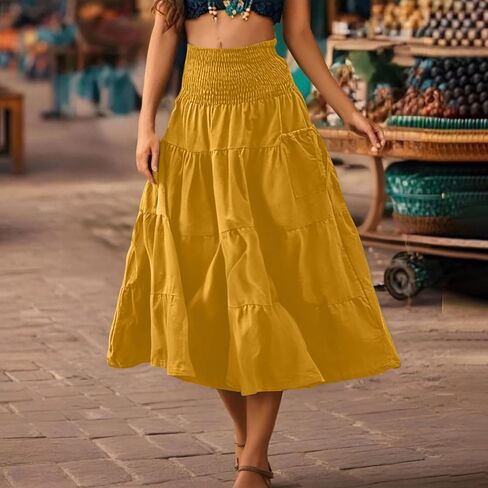 Boho Skirts for Women 2026 Trendy Elastic Waist Ruffle Tiered Long Skirt Pleated A Line Beach Vacation Outfits in Kuwait