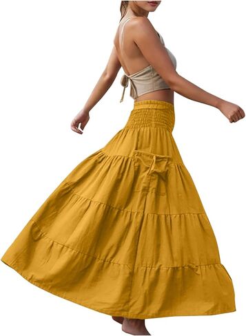 Boho Skirts for Women 2026 Trendy Elastic Waist Ruffle Tiered Long Skirt Pleated A Line Beach Vacation Outfits in Kuwait