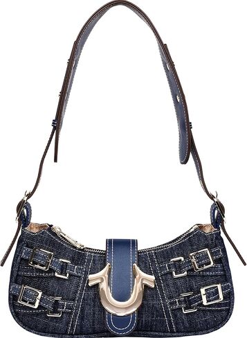 True Religion Denim Shoulder Bag, Everyday Purse with Adjustable Strap, Zip and Magnetic Snap Closure, Dark Denim in Saudi Arabia