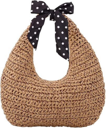 حقيبة YouNuo ذات القش للنساء، محفظة صيفية للشاطئ بسحاب، حقيبة منسوجة من الرافية، حقيبة يد مع شريط للسفر، صغيرة in Kuwait