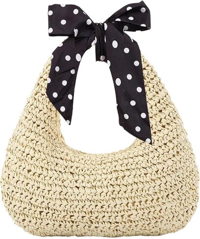 YouNuo Straw Bag for Women, Summer Beach Tote Purse with Zipper, Raffia Woven Bag, Tote Handbag with Ribbon for Travel, Small in Saudi Arabia