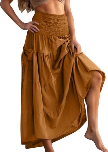 Boho Skirts for Women 2026 Trendy Elastic Waist Ruffle Tiered Long Skirt Pleated A Line Beach Vacation Outfits in Kuwait