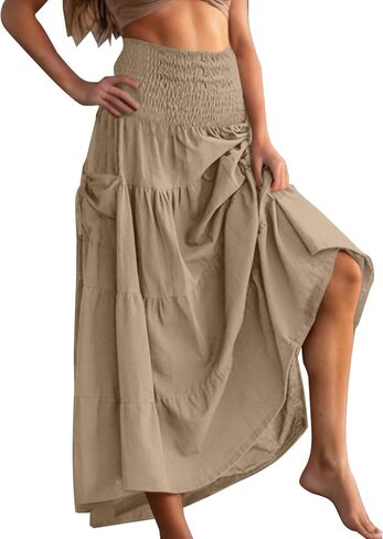 Boho Skirts for Women 2026 Trendy Elastic Waist Ruffle Tiered Long Skirt Pleated A Line Beach Vacation Outfits in Kuwait
