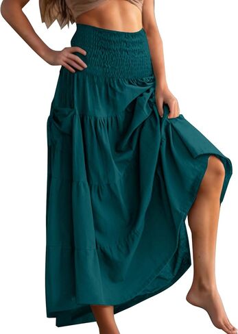 Boho Skirts for Women 2026 Trendy Elastic Waist Ruffle Tiered Long Skirt Pleated A Line Beach Vacation Outfits in Kuwait