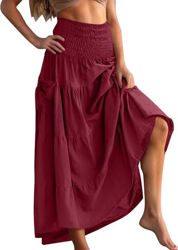 Boho Skirts for Women 2026 Trendy Elastic Waist Ruffle Tiered Long Skirt Pleated A Line Beach Vacation Outfits in Kuwait