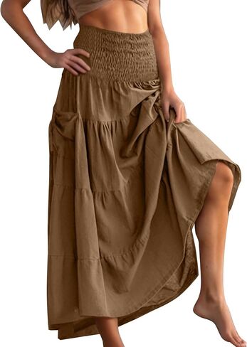 Boho Skirts for Women 2026 Trendy Elastic Waist Ruffle Tiered Long Skirt Pleated A Line Beach Vacation Outfits in Kuwait