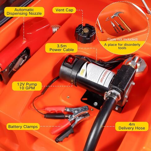 خزان ديزل محمول مع مضخة، خزان نقل وقود الديزل بمعدل تدفق 48 جالونًا 10GPM مع مضخة نقل كهربائية 12 فولت، فوهة وقود تلقائية، خرطوم 13 قدم، لسهولة نقل الوقود in Kuwait