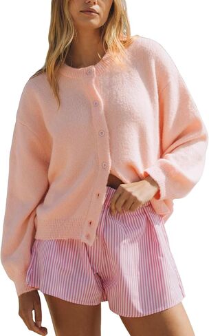 Arssm Womens Button Up Cardigan Sweater Crewneck Long Sleeve Fall Soft Knit Sweater Outwear in Saudi Arabia