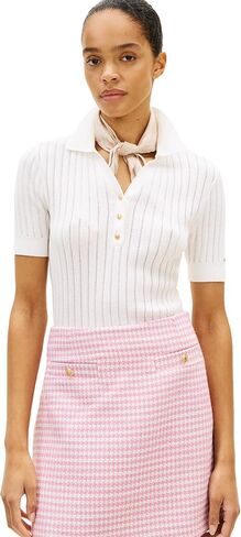 Tommy Hilfiger Women's Short Sleeve Cotton Polo Sweater Pointelle Ribbed Knit V Neck Polo Shirt in Saudi Arabia