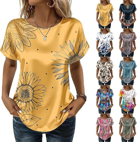 Spring Tops for Women 2026 Trendy Short Sleeve Dressy Casual Shirts Loose Fit Crew Neck Satin Silk Blouses Work Outfits in Saudi Arabia