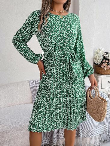 Women's Casual Print Crewneck Dresses Tie Waist Long Sleeve A Line Holiday Vacation Boho Pleated Dress in Saudi Arabia