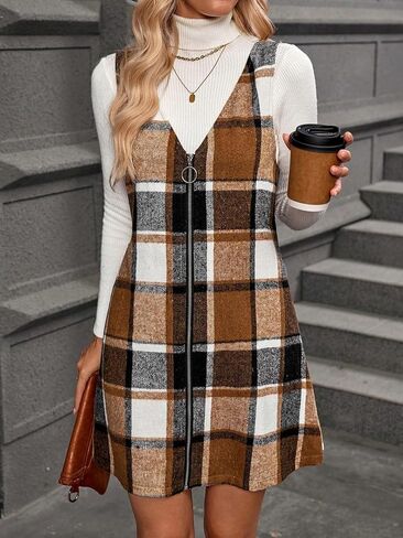 Women's Plaid V Neck Zipper Dress Sleeveless Fall Vest Mini Dresses in Saudi Arabia