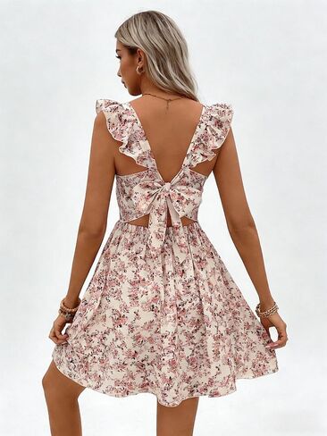 Women's Bow Tie Back Floral Dress Ruffle Cut Out Sleeveless Dress A Line Short Dresses in Saudi Arabia