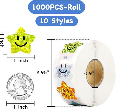 1000PCS 1" 10 Colored Smile Face Star Stickers for Kids Reward, Sparkly Foil Star Stickers for Student Planner and School Classroom Teacher Supplies in Saudi Arabia