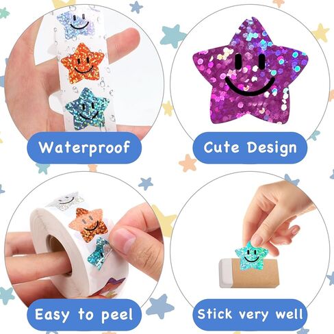1000PCS 1" 10 Colored Smile Face Star Stickers for Kids Reward, Sparkly Foil Star Stickers for Student Planner and School Classroom Teacher Supplies in Saudi Arabia